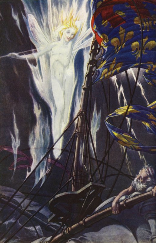 The Tempest af William Shakespeare, Act I, Scene 2 (farve litho) af Paul Vincent Woodroffe
