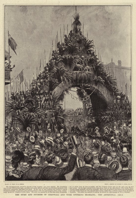 Hertugen og hertuginden af Cornwall og York på vej ind i Brisbane, Aboriginal Arch af Percy F.S. Spence