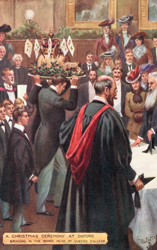 En juleceremoni på Oxford University - indbringelse af ornehovedet på Queens College af Percy F.S. after Spence