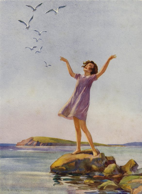 Pige nyder solskinnet ved havet (farve litho) af Percy Bell Hickling