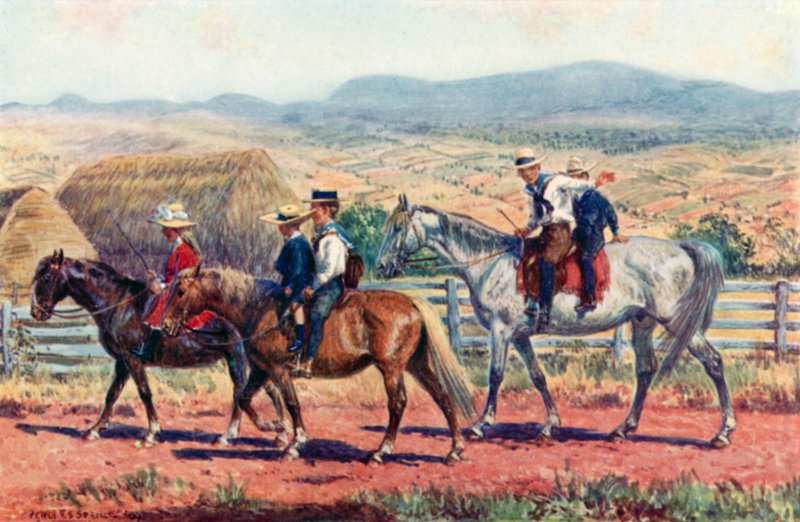 Australske børn rider i skole (farve litho) af Percy F.S. (after) Spence