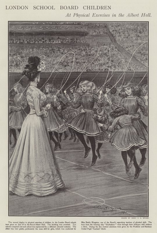 London School Board børn ved fysiske øvelser i Albert Hall (litho) af Percy F.S. (after) Spence