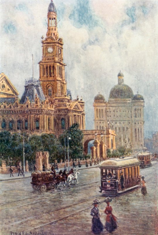 Rådhuset, Sydney (farve litho) af Percy F.S. (after) Spence