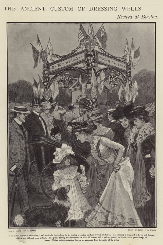 Den gamle skik med at forarbejde brønde genoplivet i Buxton, Derbyshire (litho) af Percy F.S. (after) Spence
