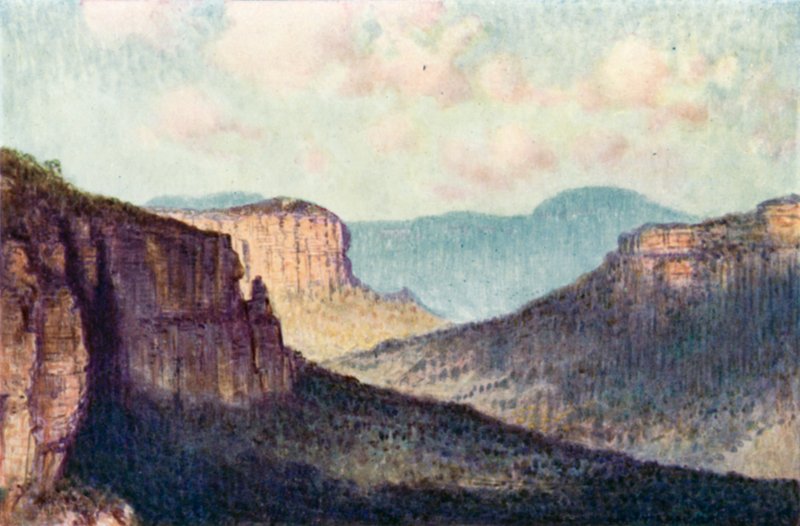 De blå bjerges barriere (farve litho) af Percy F.S. (after) Spence