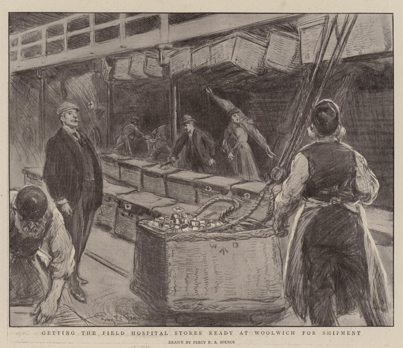 Klargøring af felthospitalbutikkerne i Woolwich til forsendelse af Percy F.S. Spence