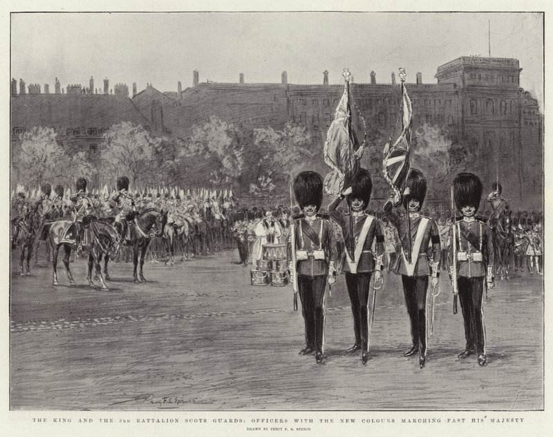Kongen og 3. bataljon skotske vagter, officerer med de nye farver marcherer forbi Hans Majestæt af Percy F.S. Spence