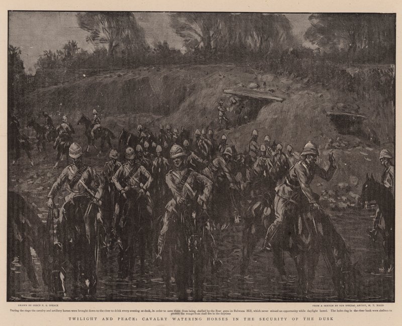 Tusmørke og fred, kavaleriet vander heste i skumringens sikkerhed af Percy F.S. Spence