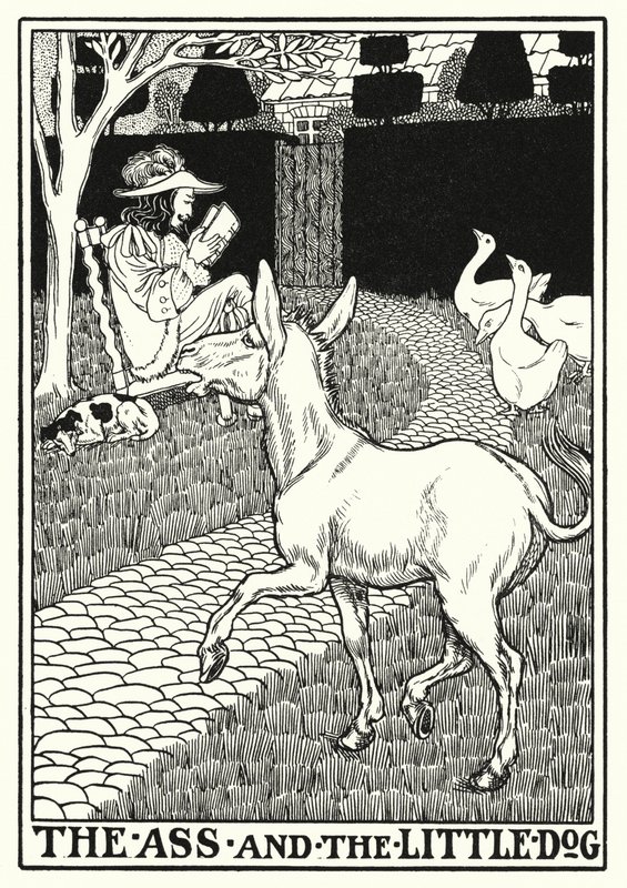 Fables of La Fontaine: Æslet og den lille hund (litho) af Percy James Billinghurst