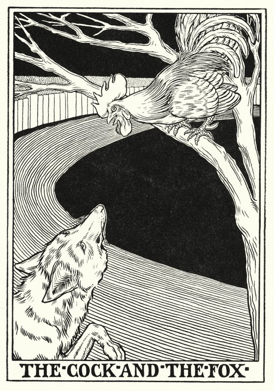 Fabler fra La Fontaine: Hanen og ræven (litho) af Percy James Billinghurst