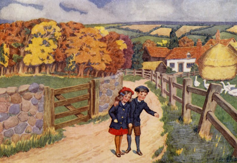 Gåturen til gården (farve litho) af Percy James Billinghurst