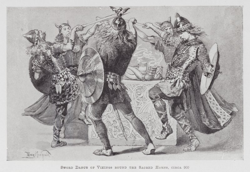Dans: Vikingernes sværddans rundt om de hellige horn, omkring 900 (litho) af Percy Macquoid