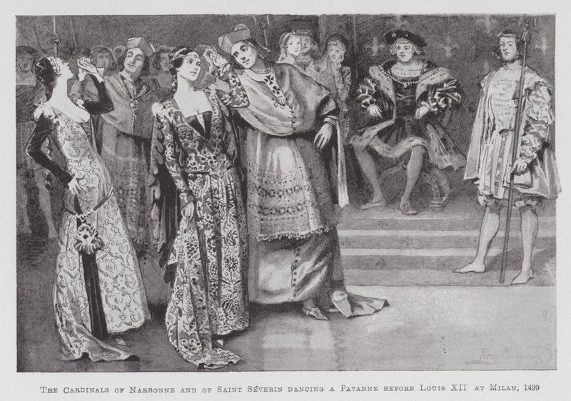 Dans: Kardinalerne fra Narbonne og Saint Severin danser en Pavanne før Ludvig XII i Milano af Percy Macquoid