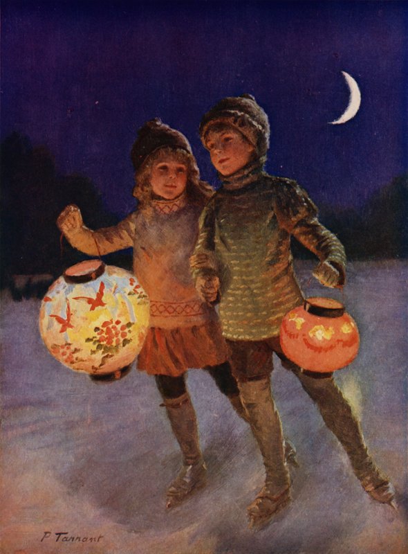 Dreng og pige skøjter med fe lanterner om natten (farve litho) af Percy Tarrant