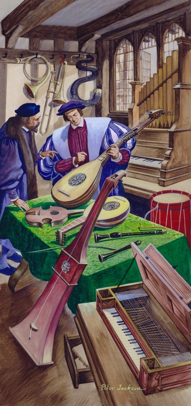 En producent af musikinstrumenter i sin butik i Tudor-tiden af Peter Jackson