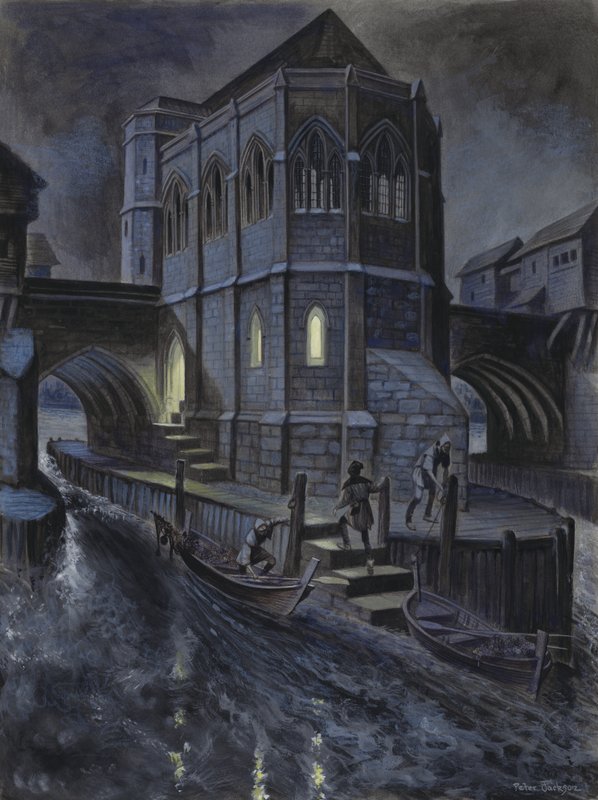 Imaginær rekonstruktion af det første kapel på Old London Bridge af Peter Jackson