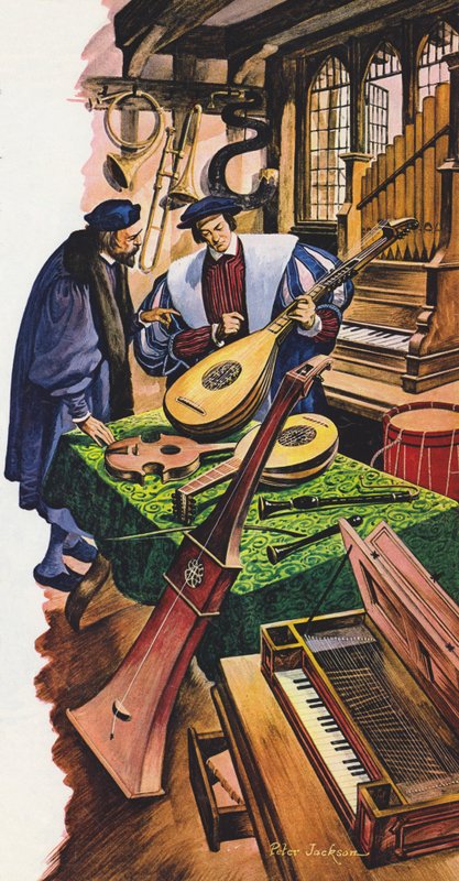 En producent af musikinstrumenter i sin butik i Tudor-tiden af Peter Jackson