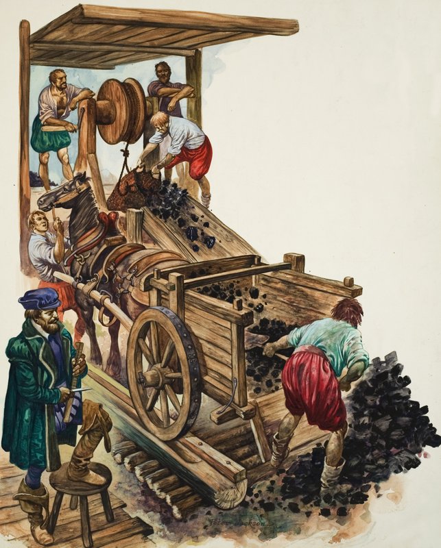 En tæller noterer, hvor mange læs kul der forlader minen, mens en minearbejder fylder en vogn, og andre hejser mere op til overfladen (gouache på papir) af Peter Jackson