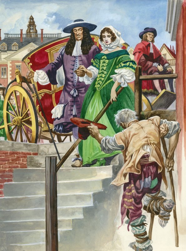 En gammel soldat tigger kong Charles II, med Chelsea Hospital bagved af Peter Jackson