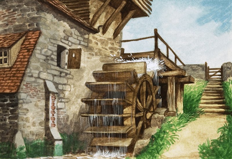 En gammel vandmølle ved et vandløb af Peter Jackson