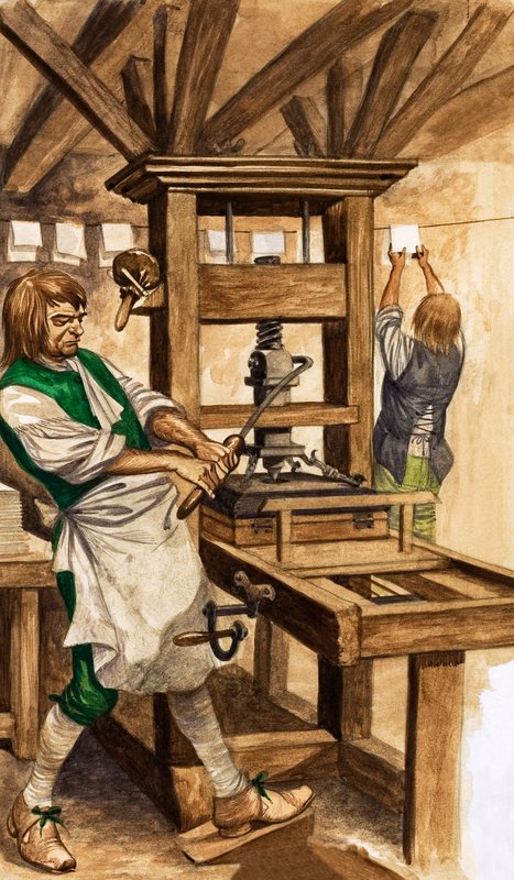 Caxtons presse (gouache på papir) af Peter Jackson