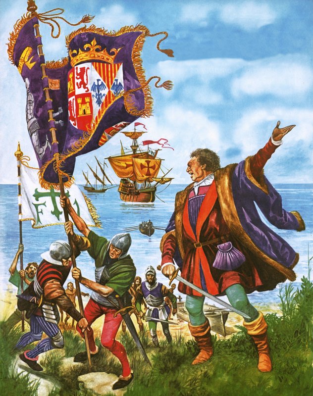 Christopher Columbus planter den spanske kongelige standard på det nyfundne land Amerika af Peter Jackson