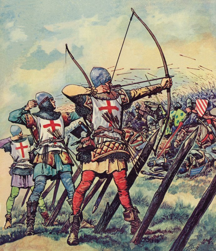 Engelske bueskytter ved slaget ved Crecy (farve litho) af Peter Jackson