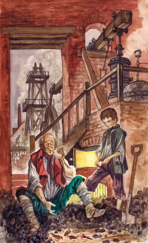 George Stephenson ser sin far fodre krummer til de røde rødder, han havde tæmmet (gouache på papir) af Peter Jackson