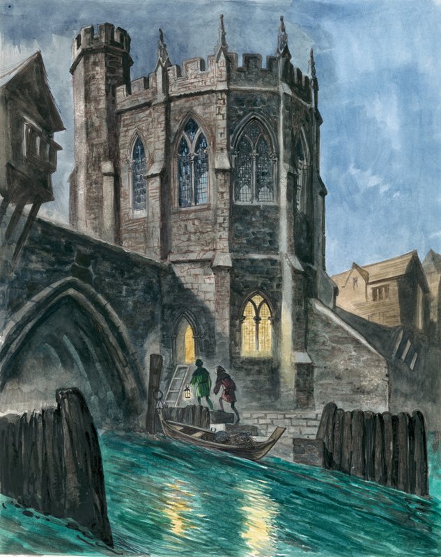 Imaginær rekonstruktion af Chapel of St Thomas på den gamle London Bridge af Peter Jackson