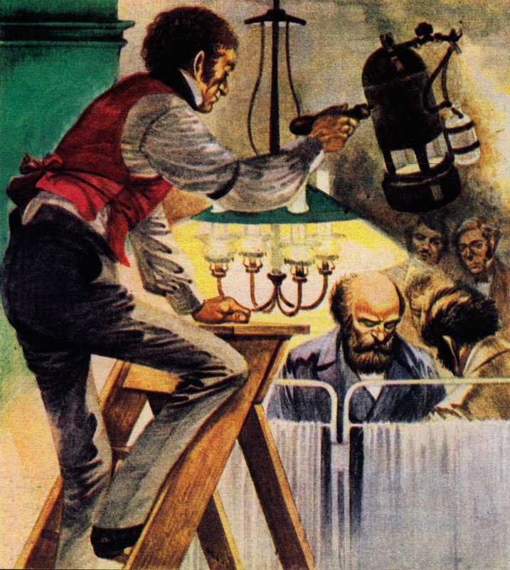 Joseph Lister insisterede på karbonspray på operationsstuen (farve litho) af Peter Jackson