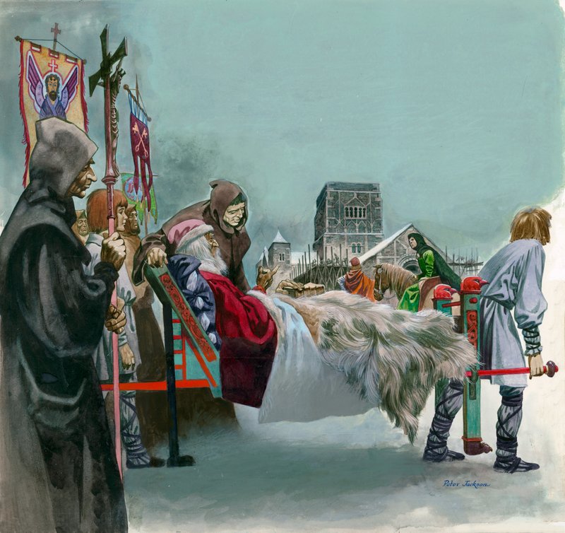 Kong Edward, senere Saint Edward the Confessor, overvåger bygningen af Westminster fra et kuld, hvor han ligger syg af Peter Jackson