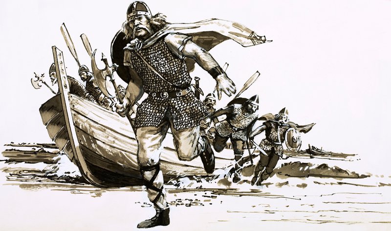 Kong Vortigern bragte to barbarhøvdinge - Hengest og Horsa - til Storbritannien (gouache på papir) af Peter Jackson
