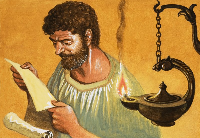 Lad der være lys! Græsk mand læser ved lampe-lys af Peter Jackson