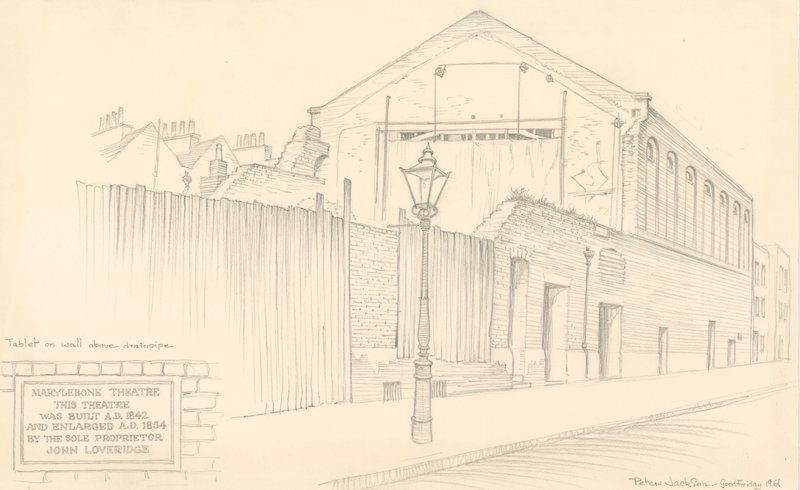Marylebone Theatre, London, bagsiden af teatret i Mulready Street (oprindeligt Little Church Street) af Peter Jackson