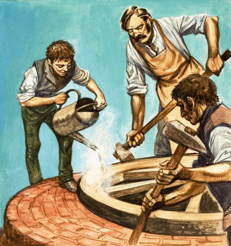Der var engang... landsbylivet for hundrede år siden. Hjulmænd sætter jernfælgen på et hjul af Peter Jackson