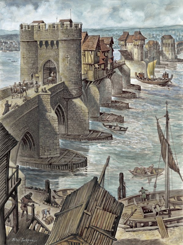 Rekonstruktion, der viser Old London Bridge et par år efter den blev bygget, med udsigt til nordvest af Peter Jackson