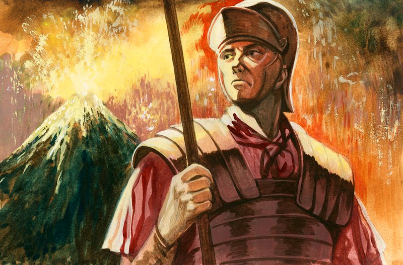 Romersk soldat med Vesuv i udbrud bagved af Peter Jackson