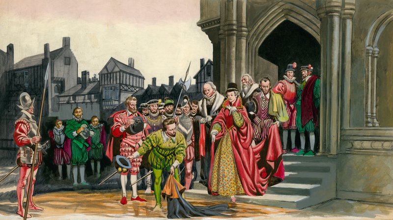 Sir Walter Raleigh lægger sin kappe ned for dronning Elizabeth I af Peter Jackson
