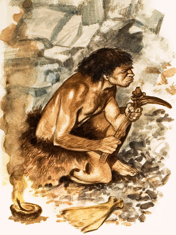 Stenalderværktøjsmager (gouache på papir) af Peter Jackson