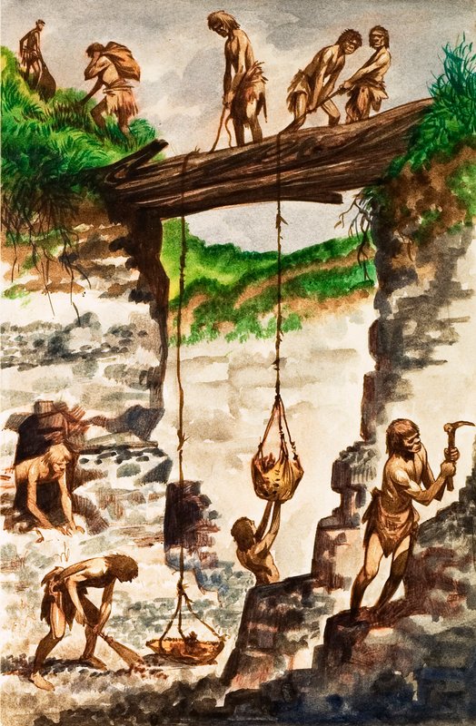 Stenalderværktøjsmagere (gouache på papir) af Peter Jackson