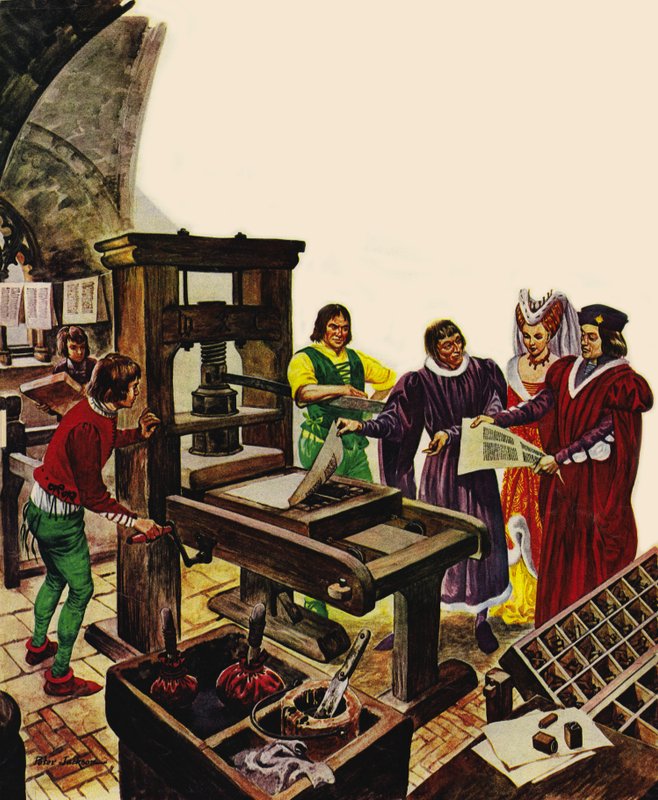William Caxton viser sin trykpresse frem for kong Edward IV og hans dronning, Elizabeth af Peter Jackson