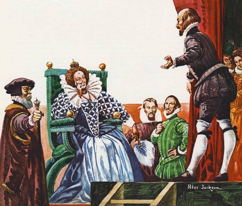 William Shakespeare præsenterer et af sine skuespil for dronning Elizabeth I af Peter Jackson