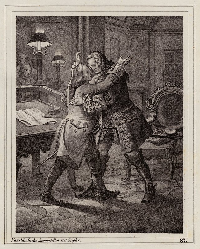 Eugen af Savoyen omfavner hertugen af Marlborough, Den Spanske Arvefølgekrig af Peter Johann Nepomuk Geiger