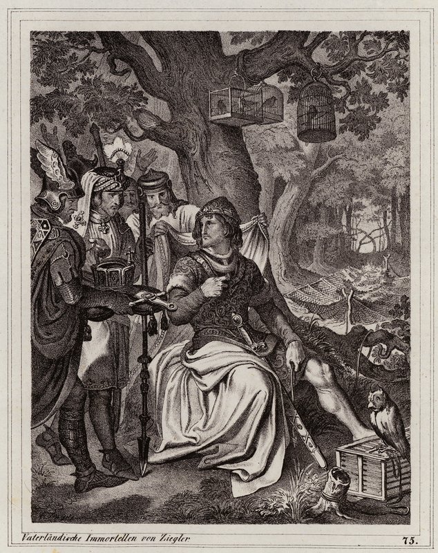 Henry the Fowler modtager nyheden om, at han er konge af Østfrankrig, 919 (kobberstik) af Peter Johann Nepomuk Geiger