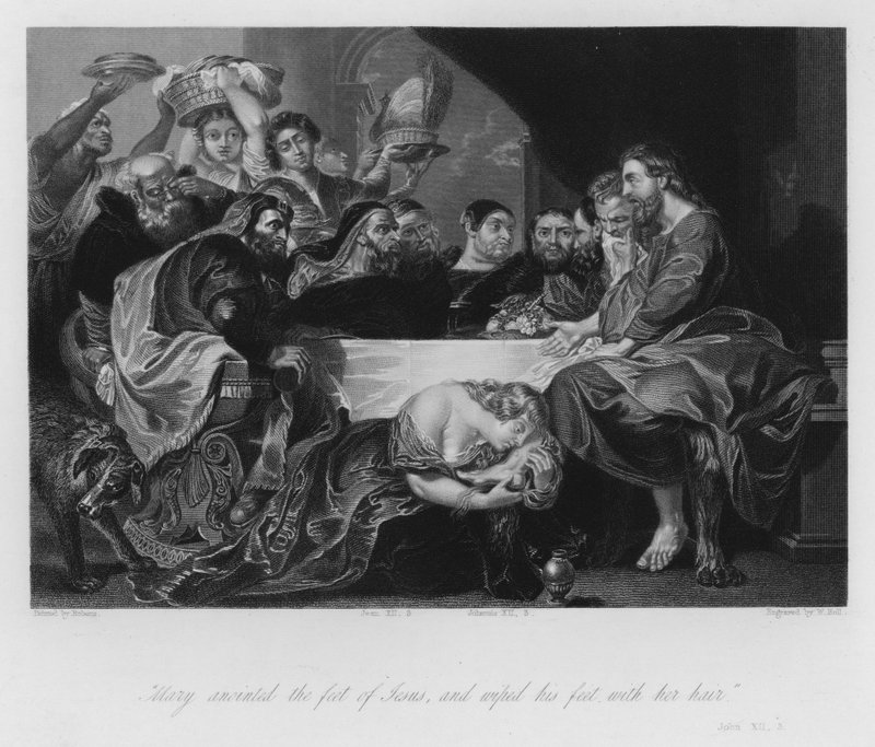 Maria Magdalene salver Frelserens fødder, Johannes XII, 3 (gravering) af Peter Paul (after) Rubens