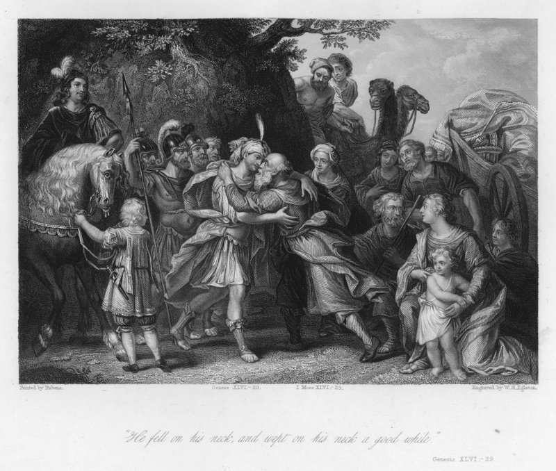 Møde mellem Jakob og Josef, 1. Mosebog XLVI, 29 (gravering) af Peter Paul (after) Rubens