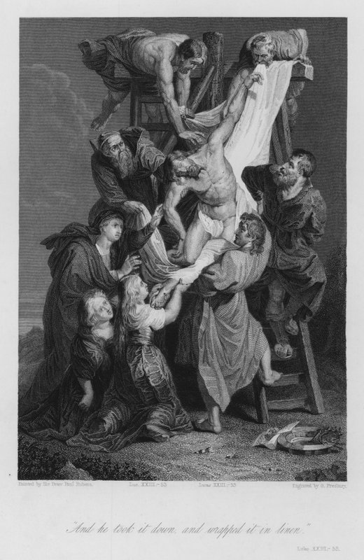 Nedstigningen fra korset, Lukas XXIII, 53 (gravering) af Peter Paul (after) Rubens