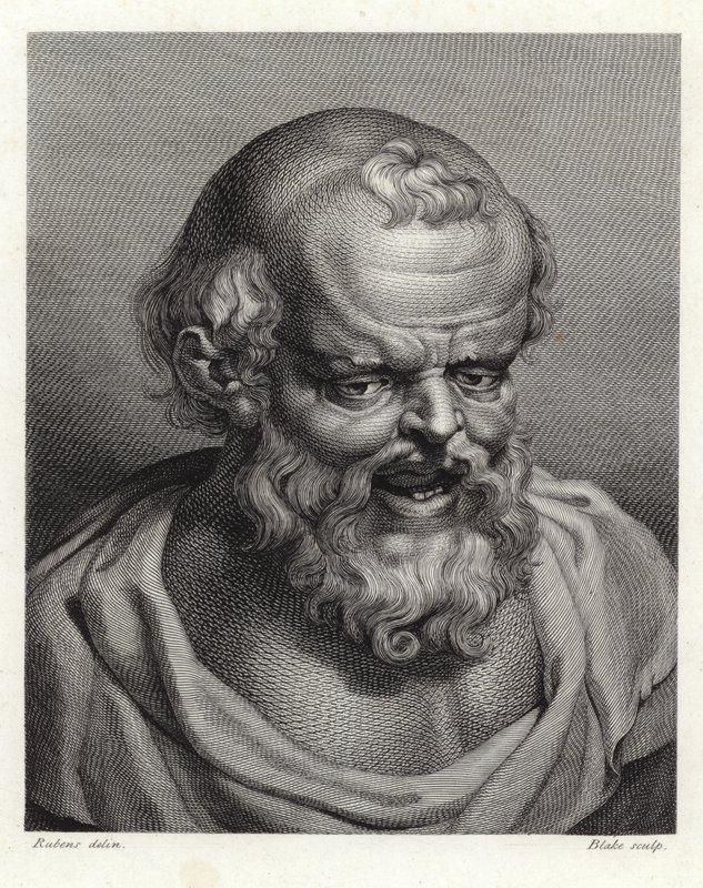 Portræt af den antikke græske filosof Democritus (stipple gravering) af Peter Paul Rubens
