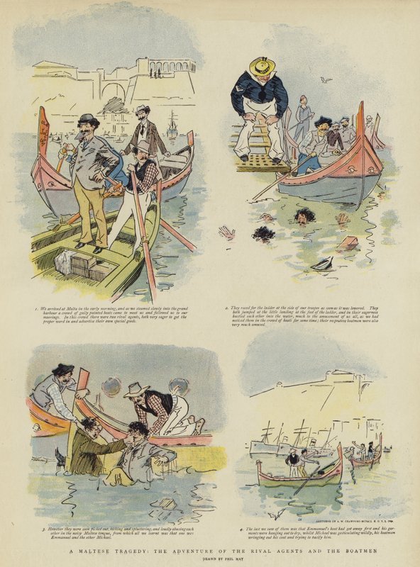 En maltesisk tragedie, eventyret om de rivaliserende agenter og bådsmændene (chromolitho) af Phil May