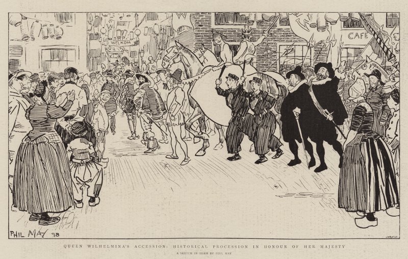 Dronning Wilhelminas tiltrædelse, historisk procession til ære for hendes majestæt af Phil May